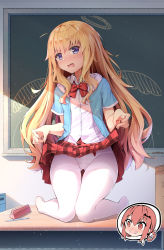 Rule 34 | 2girls, blonde hair, blood, blush, bow, bowtie, chalkboard, clothes lift, commentary request, desk, drawn halo, drawn wings, embarrassed, gabriel dropout, gabriel tenma white, hair ornament, halo, highres, indoors, inset, kneeling, lifted by self, light particles, long hair, looking at viewer, multiple girls, nose blush, nosebleed, on desk, open mouth, panties, panties under pantyhose, pantyhose, plaid, plaid skirt, red hair, red neckwear, satanichia kurumizawa mcdowell, school uniform, shenhai (2556146833), shirt, short sleeves, skirt, skirt lift, solo focus, speech bubble, sunlight, underwear, very long hair, wavy mouth, white legwear, white panties, white shirt