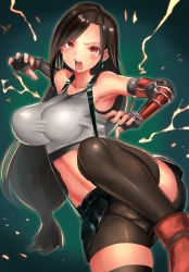 Rule 34 | 1girl, arm guards, armpits, bike shorts, black hair, black shorts, black skirt, black thighhighs, breasts, earrings, elbow gloves, electricity, fighting stance, final fantasy, final fantasy vii, final fantasy vii remake, fingerless gloves, gloves, hei (heiyohei), jewelry, long hair, looking at viewer, low-tied long hair, navel, open mouth, shorts, shorts under skirt, skirt, solo, stomach, suspenders, thighhighs, tifa lockhart, toned, undershirt