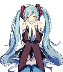 Rule 34 | 1girl, 64hijiki, :d, ^ ^, aqua hair, bare shoulders, black thighhighs, blush, boots, closed eyes, collared shirt, detached sleeves, closed eyes, hatsune miku, head rest, head tilt, heart, highres, long hair, necktie, open mouth, pleated skirt, shirt, simple background, sitting, sketch, skirt, sleeveless, sleeveless shirt, smile, solo, thigh boots, thighhighs, twintails, very long hair, vocaloid, white background, wing collar