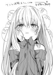 Rule 34 | 1girl, bare shoulders, blush, cecilia (shiro seijo to kuro bokushi), collarbone, greyscale, hair between eyes, kazutake hazano, long hair, long sleeves, looking at viewer, monochrome, off-shoulder sweater, off shoulder, parted lips, ribbed sweater, shiro seijo to kuro bokushi, simple background, sleeves past wrists, solo, sweater, translation request, upper body, very long hair, white background