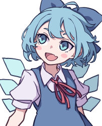 Rule 34 | 1girl, absurdres, blue bow, blue dress, blue eyes, blue hair, blush stickers, bow, breasts, cirno, collared shirt, dress, fang, highres, ice, ice wings, kame (kamepan44231), looking to the side, neck ribbon, one-hour drawing challenge, pinafore dress, puffy short sleeves, puffy sleeves, red ribbon, ribbon, shirt, short hair, short sleeves, simple background, sleeveless, sleeveless dress, small breasts, smile, solo, touhou, white background, white shirt, wings