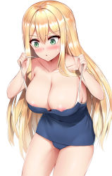 Rule 34 | 1girl, :o, areola slip, bare shoulders, blonde hair, blue one-piece swimsuit, blush, breasts, cameltoe, cleavage, clothes pull, collarbone, commentary request, covered erect nipples, covered navel, eyelashes, green eyes, groin, hair between eyes, highres, large breasts, long hair, looking down, naitou kirara, nipple slip, nipples, old school swimsuit, one-piece swimsuit, one-piece swimsuit pull, open mouth, original, school swimsuit, shiny skin, sidelocks, simple background, solo, strap pull, sweatdrop, swimsuit, very long hair, white background
