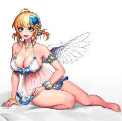 Rule 34 | 1girl, :d, angel, angel wings, arm at side, arm support, armlet, babydoll, bare arms, bare legs, bare shoulders, barefoot, bead bracelet, beads, bed sheet, blonde hair, blue bow, blue bowtie, blue eyes, blue flower, bow, bow panties, bowtie, bra, bracelet, breasts, cain (grt1125), choker, cleavage, collarbone, eyelashes, fang, feathered wings, feet, flower, frills, gem, hair between eyes, hair flower, hair ornament, highres, jewelry, large breasts, lingerie, looking at viewer, makeup, mascara, navel, necklace, on bed, open mouth, original, panties, scrunchie, see-through, short hair, sidelocks, simple background, sitting, smile, solo, spread fingers, stomach, toes, two side up, underwear, underwear only, white background, white bra, white panties, white wings, wings, wrist scrunchie, yokozuwari