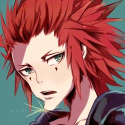 Rule 34 | 1boy, axel, axel (kingdom hearts), black coat (kingdom hearts), close-up, collarbone, facepaint, facial mark, glint, green background, green eyes, inazume-panko, kingdom hearts, looking at viewer, lowres, male focus, pinko (inazume-panko), red hair, simple background, solo, sparkle, spiked hair, upper body