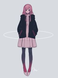 Rule 34 | 1girl, black eyes, black jacket, circle, dress, full body, hands in pockets, jacket, long hair, looking at viewer, maco22, original, pantyhose, pink dress, pink hair, signature, simple background, solo, standing, white background