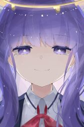 Rule 34 | 1girl, absurdres, bright pupils, close-up, closed mouth, collared shirt, commentary request, diamond-shaped pupils, diamond (shape), fang, floating hair ornament, halo, highres, izu (izu 16016), light smile, long hair, looking at viewer, neck ribbon, portrait, purple eyes, purple hair, red ribbon, ribbon, shirt, shuuten no saki ga aru to suru naraba (tuyu), simple background, solo, straight-on, symbol-shaped pupils, tearing up, tears, tuyu (band), twintails, unkempt, white pupils, white shirt, yellow halo