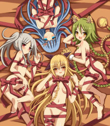 Rule 34 | 4girls, animal ears, ass, barefoot, blonde hair, blue eyes, blue hair, blush, breasts, fang, gloves, long hair, lying, multiple girls, naked ribbon, on back, open mouth, ponytail, red eyes, ribbon, short twintails, smile, tail, tiger ears, tiger tail, tonee, tora no tsubasa, twintails, yellow eyes