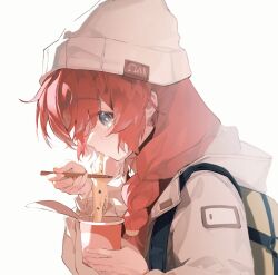 Rule 34 | 1girl, b zhan cm yang, backpack, bag, beanie, blue archive, blue eyes, braid, coat, cup, eating, food, hat, highres, holding, holding cup, long hair, long sleeves, looking at viewer, maki (blue archive), maki (camp) (blue archive), noodles, official alternate costume, red hair, simple background, solo, upper body, white background, white coat