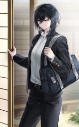 Rule 34 | 1girl, absurdres, bag, belt, black bag, black hair, black pants, black suit, blue eyes, breasts, buckle, bush, buttons, collared shirt, commentary request, day, duffel bag, formal, glowing, hair between eyes, highres, holding, holding bag, long hair, looking down, medium breasts, o-ring, opening door, original, outdoors, pants, parted lips, sabotensuteeki, shirt, sliding doors, solo, suit, sunlight, white shirt