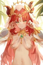 Rule 34 | 1girl, breasts, breasts apart, brooch, closed mouth, expressionless, genshin impact, hands up, highres, horns, jewelry, long hair, long sleeves, looking at viewer, navel, neck ring, nilou (genshin impact), parted bangs, puffy long sleeves, puffy sleeves, red hair, revealing clothes, solo, stomach, tuyugane, upper body, veil, wet
