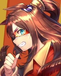 Rule 34 | 1girl, animal ears, blue eyes, brown hair, commentary request, domino mask, el condor pasa (umamusume), grin, highres, horse ears, long hair, mask, orange background, ozu (zii), pointing, pointing at self, ponytail, smile, solo, thumb to mouth, two-tone background, umamusume, yellow background