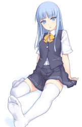 Rule 34 | 10s, 1girl, blue eyes, blue hair, blunt bangs, blush, feet, gloves, hatsukaze (kancolle), kantai collection, legs, long hair, looking at viewer, matching hair/eyes, no shoes, rokuwata tomoe, school uniform, simple background, sitting, skirt, solo, thighhighs, translation request, vest, white background, white gloves, white thighhighs, zettai ryouiki