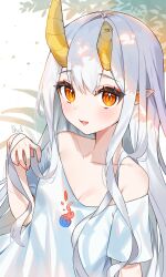 Rule 34 | 1girl, absurdres, bare shoulders, breasts, broken horn, cheli (kso1564), cleavage, commentary request, grey hair, hair between eyes, hand up, highres, horns, long hair, looking at viewer, off shoulder, orange eyes, original, pointy ears, shirt, short sleeves, signature, small breasts, smile, solo, very long hair, white shirt