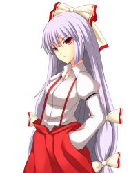 Rule 34 | 1girl, ash (pixiv53802), bad id, bad pixiv id, female focus, fujiwara no mokou, hand in pocket, long hair, serious, simple background, solo, touhou, very long hair, white background