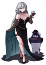 Rule 34 | 1girl, aderi, alternate costume, animal, arknights, bare legs, bare shoulders, bird, black choker, black dress, black footwear, black gloves, breasts, choker, cleavage, commentary, crossed legs, cup, cupping glass, dress, elbow gloves, full body, gloves, hair between eyes, hand up, highres, holding, holding cup, holding tray, large breasts, long hair, looking at viewer, no headwear, penguin, red eyes, shadow, shoes, side slit, silver hair, simple background, skadi (arknights), skirt hold, standing, thigh strap, thighs, tray, very long hair, watson cross, white background