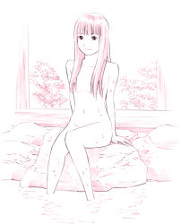 Rule 34 | 1girl, convenient censoring, hair censor, hair over breasts, long hair, looking at viewer, monochrome, navel, nude, onsen, original, pink theme, rock, sitting, sitting on rock, sketch, solo, traditional media, yoshitomi akihito