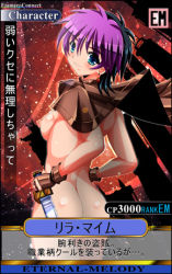 Rule 34 | 1girl, ass, blue eyes, blush, breasts, brown cape, brown gloves, cape, card (medium), earrings, eternal melody, from behind, gloves, hassaku (rapidangel), holding, jewelry, knife, large breasts, lila maim, looking at viewer, looking back, lowres, naked cape, nipples, purple hair, red background, short hair, smile, standing