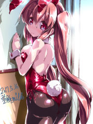 Rule 34 | 10s, 1girl, 2017, animal ears, ass, brown hair, brown pantyhose, cowboy shot, dated, detached collar, fake animal ears, from behind, kantai collection, leotard, light brown hair, long hair, looking at viewer, miuku (marine sapphire), murasame (kancolle), pantyhose, playboy bunny, rabbit ears, rabbit tail, red eyes, red leotard, signature, smile, solo, strapless, strapless leotard, tail, twintails, wrist cuffs