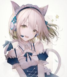Rule 34 | 1girl, animal ears, bare shoulders, blonde hair, bow, breasts, cat ears, cat girl, cat tail, commission, d-pad, detached sleeves, green eyes, guild cq, headset, highres, hito komoru, itou yuna, maid, maid headdress, open mouth, second-party source, short hair, solo, star (symbol), tail, tail bow, tail ornament, upper body, virtual youtuber