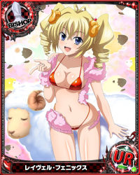 Rule 34 | 10s, 1girl, bikini, bishop (chess), blonde hair, blue eyes, breasts, card (medium), character name, chess piece, cleavage, hair ornament, high school dxd, horns, looking at viewer, medium breasts, navel, official art, open mouth, orange bikini, ravel phenex, sheep, sheep horns, sideboob, solo, swimsuit, thong, torn clothes, trading card, twintails, underboob, unzipped