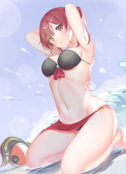 Rule 34 | 1girl, :o, absurdres, anklet, armpits, arms behind head, arms up, bad id, bad pixiv id, ball, bare shoulders, beachball, bikini, black bikini, breasts, eyepatch, hat, heterochromia, highres, hololive, houshou marine, jewelry, kneeling, large breasts, looking at viewer, medium hair, nametarou (meron), navel, open mouth, pirate, red eyes, red hair, solo, stomach, swimsuit, virtual youtuber, water, waves, yellow eyes