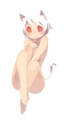Rule 34 | 1girl, animal ears, cat ears, covering privates, covering breasts, full body, hand on own chest, heart, heart-shaped pupils, looking at viewer, no nose, nude, original, red eyes, sakamoto ahiru, short hair, sitting, smile, solo, symbol-shaped pupils, tail, white background, white hair