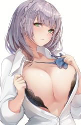 Rule 34 | 1girl, absurdres, black bra, blue bow, blue bowtie, blush, bow, bowtie, bra, braid, breasts, cleavage, closed mouth, collared shirt, dress shirt, green eyes, highres, hololive, large breasts, long sleeves, looking at viewer, loose bowtie, medium hair, mole, mole on breast, open bra, open clothes, open shirt, partially unbuttoned, rikiddo (tise 00), shirogane noel, shirogane noel (school uniform), shirt, silver hair, simple background, solo, underwear, upper body, virtual youtuber, white background, white shirt