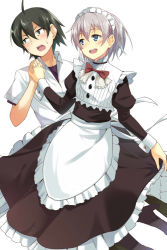 Rule 34 | 10s, 2boys, :d, ahoge, bad id, bad pixiv id, blush, cccpo, hikigaya hachiman, holding hands, looking at another, looking away, maid, maid headdress, male focus, multiple boys, open mouth, simple background, smile, totsuka saika, trap, white background, yahari ore no seishun lovecome wa machigatteiru.