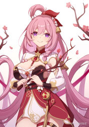 1girl absurdres bell branch breasts cherry_blossoms chinese_commentary cleavage commentary_request cowboy_shot diamond-shaped_pupils diamond_(shape) dress elf elysia_(herrscher_of_human:_ego)_(honkai_impact) elysia_(honkai_impact) elysia_(peachy_spring)_(honkai_impact) falling_petals flower hair_bell hair_flower hair_ornament highres holding holding_branch honkai_(series) honkai_impact_3rd large_breasts long_hair nuclear_fission official_alternate_costume petals pink_hair pointy_ears purple_eyes red_dress simple_background smile solo symbol-shaped_pupils thigh_strap thighs very_long_hair white_background