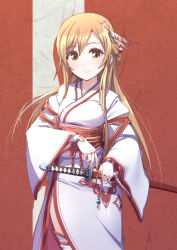 Rule 34 | 10s, 1girl, adapted costume, asuna (sao), bad id, bad pixiv id, braid, bridal gauntlets, brown eyes, brown hair, cowboy shot, french braid, highres, holding, japanese clothes, kimono, light brown hair, light smile, long hair, long sleeves, looking at viewer, pemu, pomon illust, solo, sword, sword art online, weapon, wide sleeves