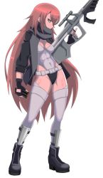 Rule 34 | 1girl, absurdres, belt, boots, breasts, brown hair, cleavage, cosplay, cz2128 delta, fingerless gloves, full body, ghost in the shell, gloves, green eyes, gun, hh 101, highleg, highleg leotard, highres, holding, holding gun, holding weapon, jacket, kusanagi motoko, kusanagi motoko (cosplay), leotard, long hair, medium breasts, open clothes, open jacket, overlord (maruyama), scarf, solo, standing, thighhighs, transparent background, trigger discipline, very long hair, weapon
