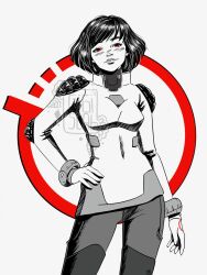 Rule 34 | breasts, character request, commentary request, contrapposto, copyright request, cowboy shot, gigis lab, greyscale, highres, medium breasts, medium hair, monochrome, red eyes, shoulder pads, signature, smile, spanish commentary, spot color, turtleneck, watermark