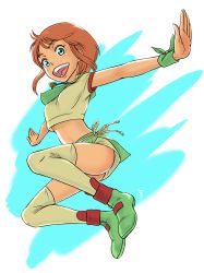 Rule 34 | 1girl, absurdres, aobito sukoyaka bystander, arms at sides, belt, blush, breasts, collar, elpeo puru, green eyes, gundam, gundam zz, highres, jewelry, looking at viewer, looking down, medium breasts, miniskirt, open mouth, orange hair, scarf, shoes, short hair, shorts, skirt, smile, solo, thighhighs