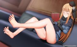 Rule 34 | 1girl, barefoot, blonde hair, blue eyes, blush, couch, cum, cum on body, cum on feet, cum on lower body, closed eyes, fate/grand order, fate (series), feet, footjob, hat, long hair, lord el-melloi ii case files, no panties, pussy, reading, reines el-melloi archisorte, sitting, smile, soles, toes