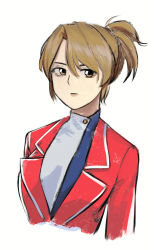 Rule 34 | 1girl, agent aika, aika (series), azelweien, breasts, brown eyes, brown hair, closed mouth, cropped torso, folded ponytail, jacket, light brown hair, looking at viewer, ponytail, red jacket, sketch, sumeragi aika, traditional media, upper body