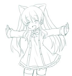 Rule 34 | 1girl, animal ears, bad id, bad pixiv id, blush, closed eyes, kuromame (8gou), long hair, monochrome, open mouth, outstretched arms, simple background, smile, solo, thighhighs, twintails, white background