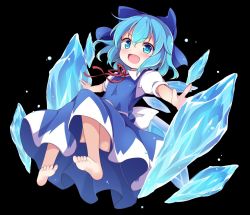 Rule 34 | 1girl, baku-p, barefoot, black background, blue dress, blue eyes, blue hair, bow, cirno, dress, feet, ice, ice crystal, ice wings, open mouth, outstretched arms, ribbon, short hair, simple background, smile, soles, solo, toes, touhou, wings