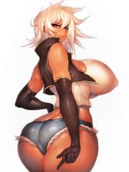 Rule 34 | 1girl, arc system works, ass, bare legs, bare shoulders, black gloves, blazblue, breasts, bullet (blazblue), butt crack, covered erect nipples, curvy, dark-skinned female, dark skin, denim, denim shorts, elbow gloves, fang, from behind, fumio (rsqkr), gloves, highres, huge ass, huge breasts, long hair, looking at viewer, looking back, red eyes, short shorts, shorts, solo, thick thighs, thighs, trefoil, white hair, wide hips