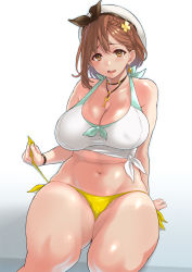 Rule 34 | 1girl, arm support, atelier (series), atelier ryza, bare shoulders, bikini, bikini pull, blush, braid, breasts, brown eyes, brown hair, cleavage, clothes pull, covered erect nipples, curvy, earrings, hair ornament, hairclip, hat, highres, jewelry, kemigawa mondo, large breasts, looking at viewer, navel, necklace, open mouth, plump, reisalin stout, side-tie bikini bottom, sitting, smile, solo, sweat, swimsuit, tan, tanline, thick thighs, thighs, untying, yellow bikini