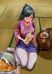 Rule 34 | 10s, 1girl, beans, blue eyes, blurry, blush, bottle, bow, bowl, carrot, chopsticks, closed mouth, comic, cup, drinking glass, floral print, food, from above, ginjuuji, green bow, green hair, hair bow, hakama, hakama short skirt, hakama skirt, highres, holding, holding bottle, holding cup, holding drinking glass, houshou (kancolle), ice, ice cube, indoors, japanese clothes, kantai collection, kimono, long hair, looking at viewer, mushroom, no shoes, on floor, out of frame, pantyhose, parted bangs, pleated skirt, ponytail, pov, shade, sitting, skirt, smile, solo focus, steam, stew, table, tasuki, tatami, thighs, transparent, white pantyhose, wine bottle, wooden table
