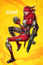 Rule 34 | 1boy, absurdres, animification, apex legends, bandana, character name, classic revenant, eva-8 shotgun, from side, gun, highres, holding, holding gun, holding skull, holding weapon, humanoid robot, loincloth, looking at viewer, male focus, mika pikazo, red bandana, red scarf, revenant (apex legends), robot, scarf, science fiction, shotgun, simulacrum (titanfall), skull, weapon, yellow background, yellow eyes