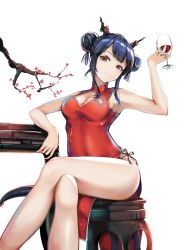 Rule 34 | 1girl, arknights, arm rest, armpits, bare legs, black hair, branch, breasts, ch&#039;en (ageless afterglow) (arknights), ch&#039;en (arknights), cherry blossoms, china dress, chinese clothes, cleavage, cleavage cutout, clothing cutout, cowboy shot, cup, double bun, dragon horns, dragon tail, dress, drinking glass, expressionless, eyyy, highres, horns, crossed legs, looking at viewer, medium breasts, medium hair, official alternate costume, panties, pelvic curtain, red dress, red eyes, side-tie panties, side slit, simple background, sitting, sleeveless, sleeveless dress, solo, tail, thighs, underwear, white background, wine glass