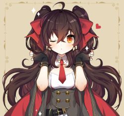 Rule 34 | 1girl, ;o, ahoge, black gloves, blush, bow, breasts, brown background, brown eyes, brown hair, commentary request, dress, fingerless gloves, girls&#039; frontline, gloves, grey dress, hair between eyes, hair bow, hands up, heart, long hair, one eye closed, parted lips, puchipu, red bow, short sleeves, small breasts, solo, sparkle, twintails, type 97 (girls&#039; frontline), upper body, very long hair