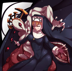 Rule 34 | 1girl, blonde hair, covered erect nipples, covered navel, cross, cross necklace, crown, double (skullgirls), dual persona, extra arms, extra eyes, extra mouth, closed eyes, highres, jewelry, monster, monster girl, necklace, nun, red eyes, skullgirls, smile, solo