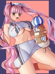 Rule 34 | 1girl, artist request, black eyes, blush, breasts, curvy, drill hair, hat, highres, kumacy, large breasts, long hair, looking at viewer, miniskirt, nurse, nurse cap, one piece, open mouth, perona, pink hair, shiny skin, simple background, skirt, solo, stuffed animal, stuffed toy, twin drills, underboob, very long hair, wide hips, wings