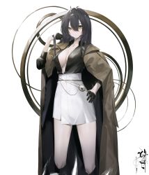 Rule 34 | 1girl, absurdres, azur lane, black gloves, black hair, black shirt, blush, breasts, brown coat, brown eyes, circle, cleavage, closed mouth, coat, coat on shoulders, collared shirt, cropped legs, gloves, hair between eyes, hand on own hip, high-waist skirt, highres, indomitable (azur lane), ka11 ca, large breasts, long hair, long sleeves, looking at viewer, no bra, open clothes, open coat, open shirt, pocket watch, shirt, signature, simple background, skirt, solo, standing, watch, white background, white skirt