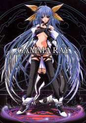 Rule 34 | 1girl, arc system works, arms behind back, asymmetrical wings, black thighhighs, blue hair, boots, breasts, choker, dizzy (guilty gear), fantasy wind, guilty gear, hair ribbon, high heels, large breasts, long hair, midriff, open mouth, red eyes, ribbon, shinano yura, shoes, solo, tail, tail ornament, tail ribbon, thighhighs, underboob, very long hair, wings
