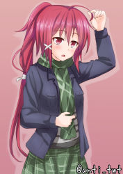 Rule 34 | 10s, 1girl, ahoge, anti (untea9), arm up, blush, casual, cowboy shot, green scarf, green skirt, hair ornament, hair ribbon, highres, holding, holding own hair, i-168 (kancolle), jacket, kantai collection, long hair, long sleeves, open clothes, open mouth, ponytail, red background, red hair, ribbon, scarf, shirt, simple background, skirt, solo, standing, striped clothes, striped shirt, twitter username, white ribbon