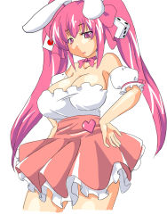 Rule 34 | 1girl, animal ears, bare shoulders, bored, breasts, cleavage, di gi charat, dress, female focus, highres, large breasts, long hair, lute (apocalypselibrary), pink eyes, pink hair, rabbit ears, simple background, skirt, solo, standing, twintails, usada hikaru, white background