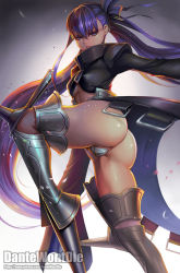 Rule 34 | 10s, 1girl, armor, armored boots, artist name, ass, boots, breasts, closed mouth, crotch plate, dantewontdie, expressionless, fate/extra, fate/extra ccc, fate (series), from below, gradient background, grey background, hair between eyes, leg up, long hair, long sleeves, looking at viewer, meltryllis (fate), open clothes, partially visible vulva, perineum, petals, purple eyes, purple hair, revealing clothes, shiny skin, small breasts, solo, spikes, standing, standing on one leg, thigh boots, thighhighs, thighs, underboob, very long hair, watermark, web address